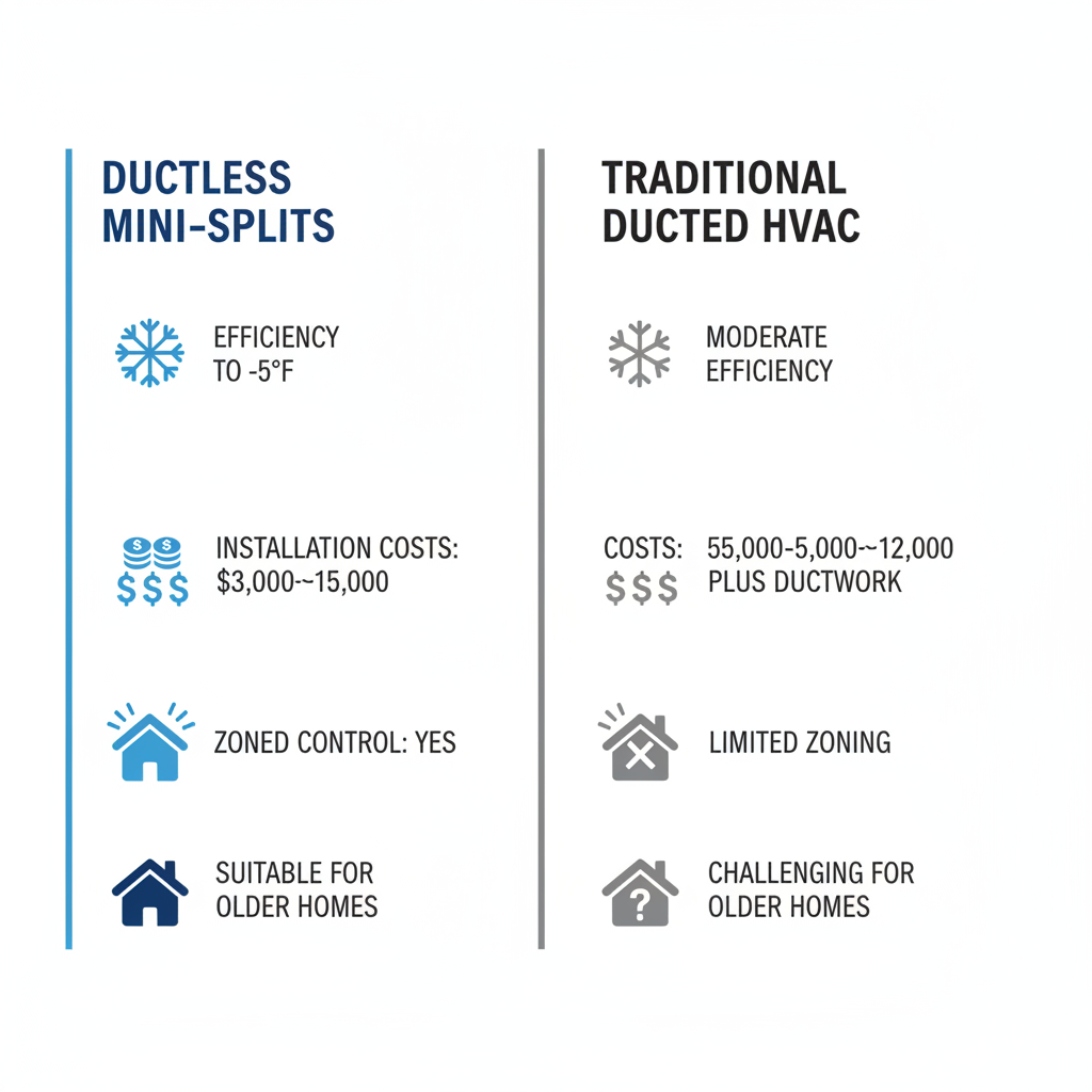 Infographic comparing ductless mini split systems and traditional HVAC for Denver area climate efficiency and costs