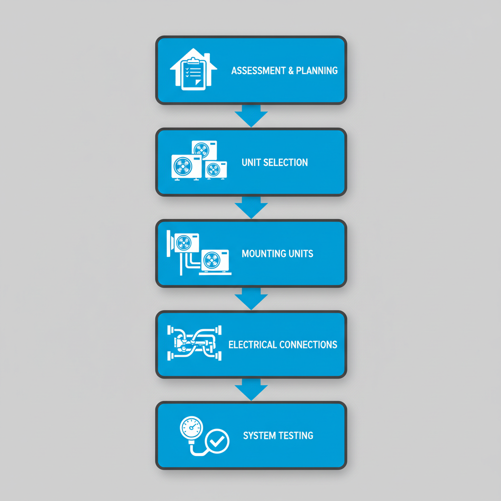 Vertical process flow diagram illustrating five steps for ductless mini split installation in Denver homes