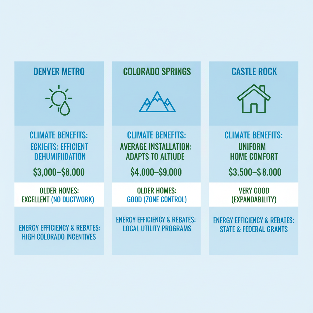 Infographic visually comparing ductless air conditioning suitability, costs, and benefits in Denver Metro, Colorado Springs, and Castle Rock areas.