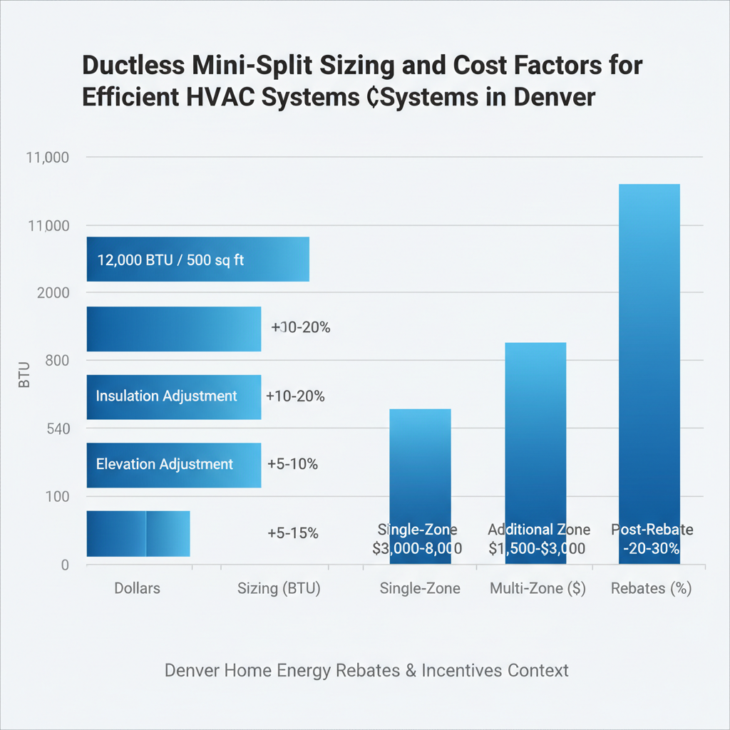 Bar chart illustrating ductless mini-split sizing BTU requirements and cost factors including rebates in Denver