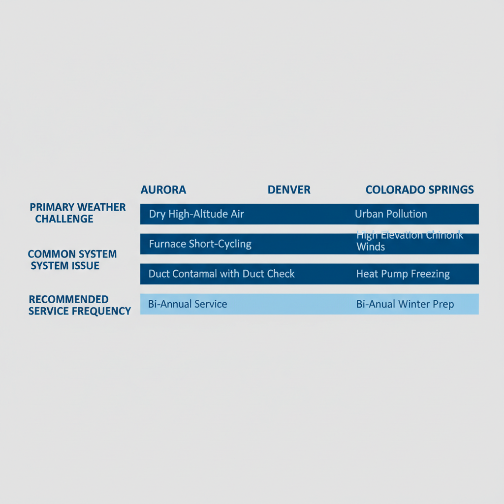 Infographic comparing HVAC challenges in Aurora, Denver, and Colorado Springs, including weather issues, common problems, and service recommendations.