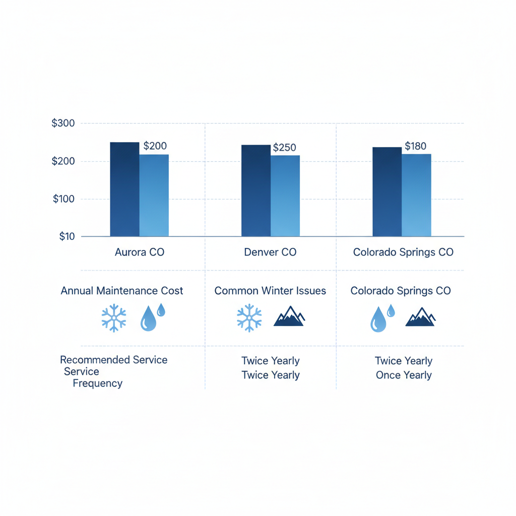 Bar chart comparing HVAC maintenance costs, winter issues, and service frequency in Aurora, Denver, and Colorado Springs.