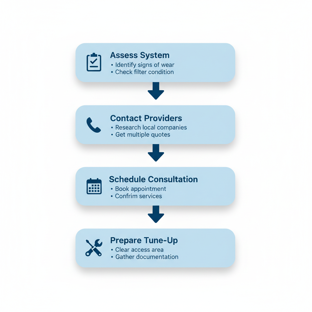Vertical process flow diagram showing four steps to start HVAC maintenance: assess system, contact providers, schedule consultation, and prepare for tune-up.