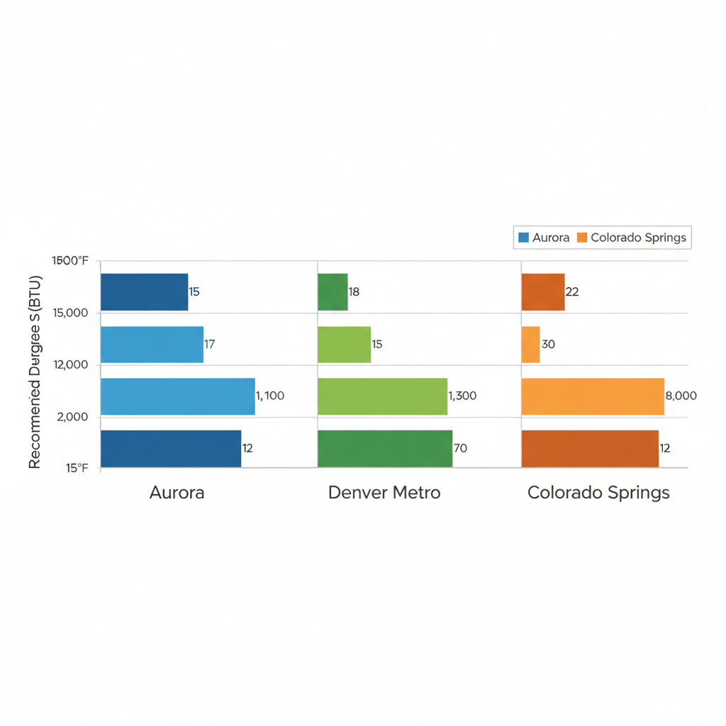 Horizontal bar chart comparing heating demands in Aurora, Denver Metro, and Colorado Springs with average winter lows, heating degree days, and recommended furnace sizes.