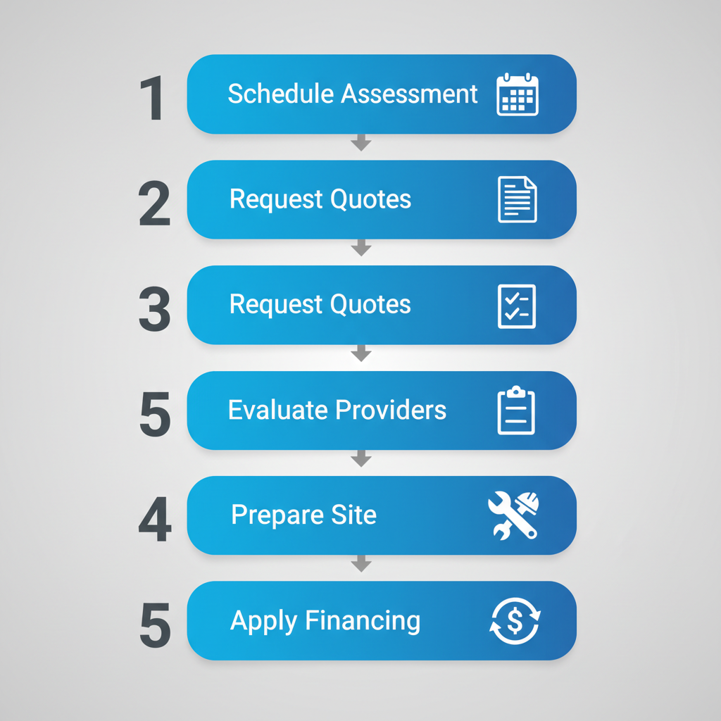 Vertical process flow diagram showing five steps to begin furnace installation with icons and labels.