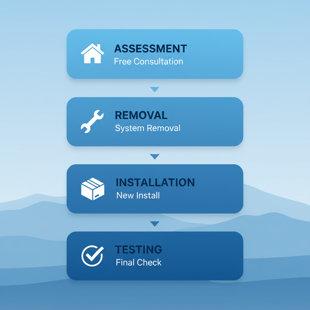 Vertical process flow diagram showing four stages of furnace replacement: assessment, removal, installation, and testing with icons and brief labels.