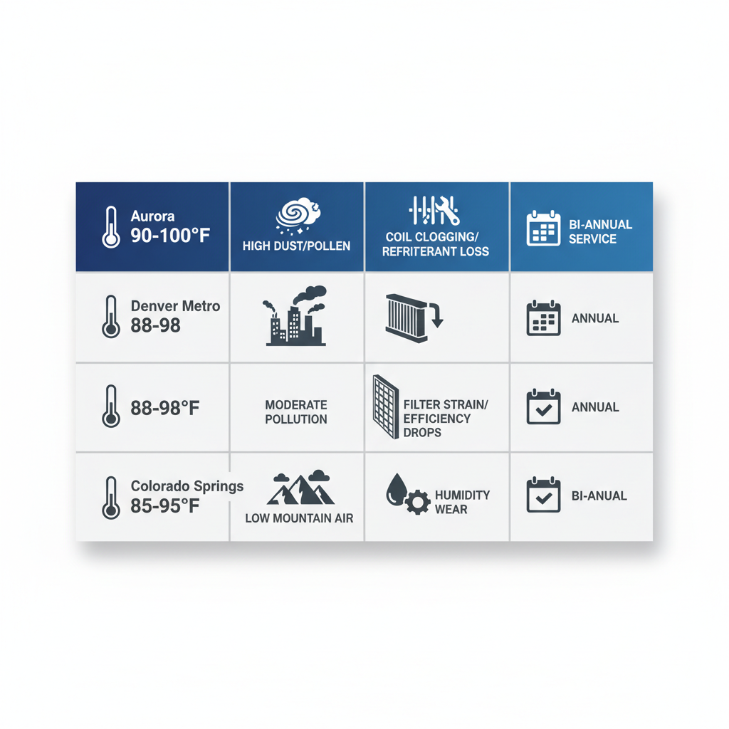 Infographic table comparing air conditioning system performance in Aurora, Denver Metro, and Colorado Springs regions