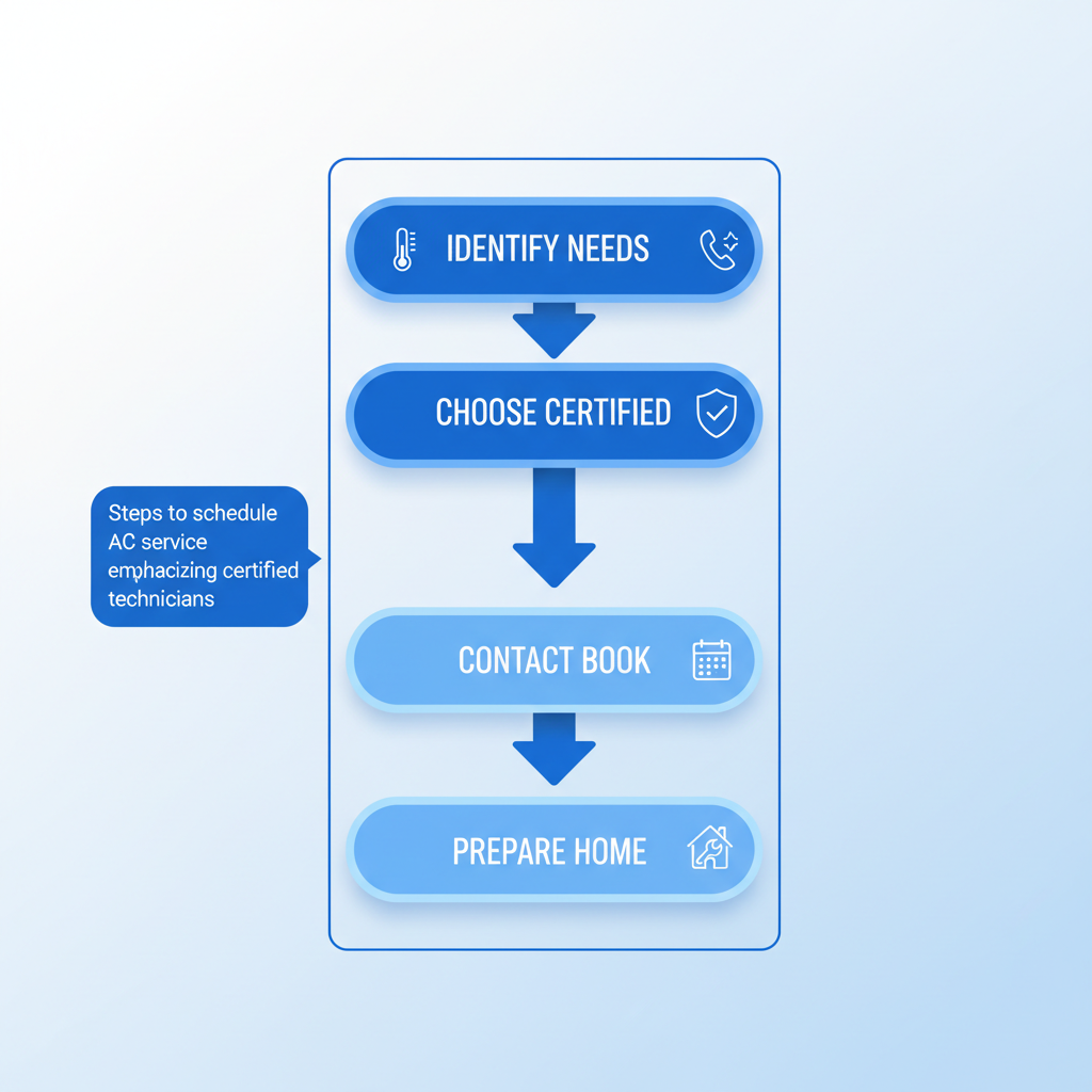 Vertical process flow illustrating steps to schedule AC service in Aurora with icons for needs identification, certified provider selection, booking, and home preparation