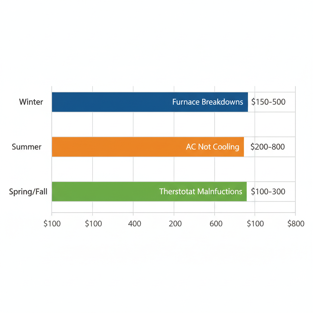 Horizontal bar chart comparing estimated HVAC repair costs by season in Aurora, Colorado, with bars for winter, summer, and spring/fall issues.