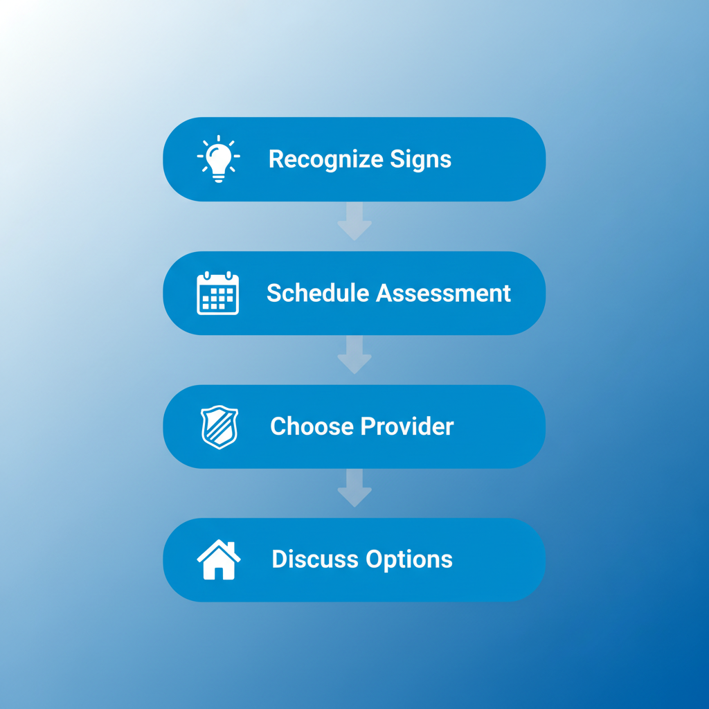 Vertical process flow diagram illustrating four steps to arrange HVAC repair in Aurora: recognize signs, schedule assessment, choose certified provider, prepare and discuss options.