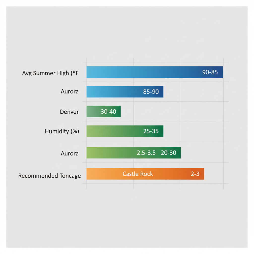 Horizontal bar chart comparing average summer high temperatures, humidity levels, and recommended AC tonnage for Aurora, Denver, and Castle Rock.