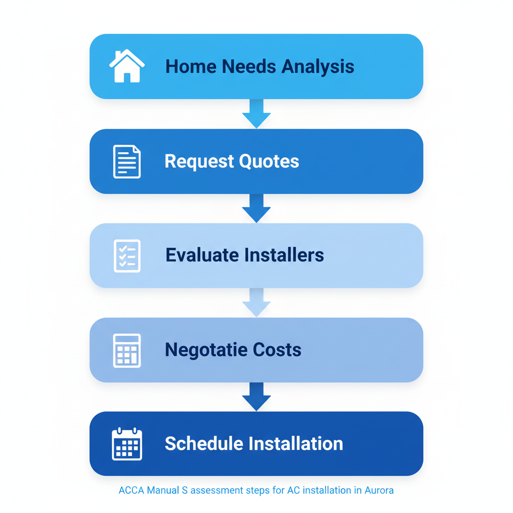 Vertical process flow diagram illustrating five steps to start AC installation including home needs analysis, requesting quotes, evaluating installers, negotiating costs, and scheduling installation with icons.
