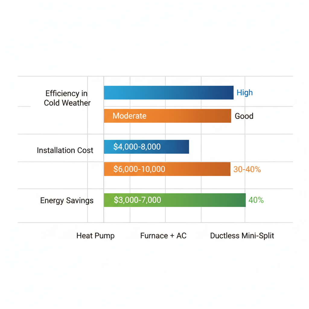 Horizontal bar chart comparing efficiency, installation costs, and energy savings of heat pump, furnace + AC, and ductless mini-split systems in Aurora's climate