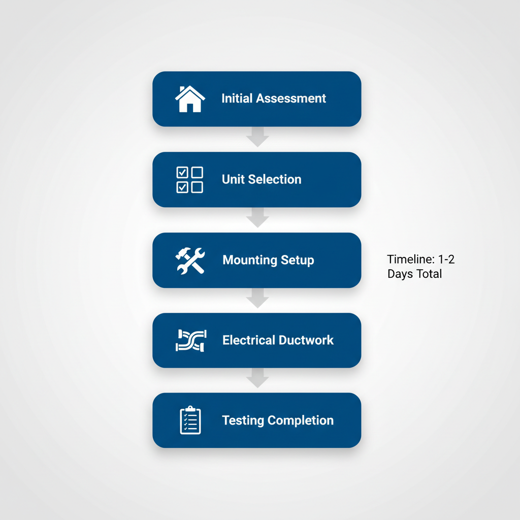 Vertical process flow diagram illustrating five steps for heat pump installation in Aurora homes, including assessment, selection, mounting, electrical work, and testing.