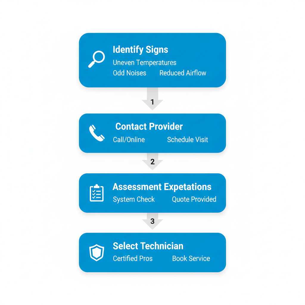 Vertical process flow diagram illustrating four steps to schedule heat pump service with icons: magnifying glass for identifying signs, phone for contacting provider, checklist for assessment, and badge for selecting technician.