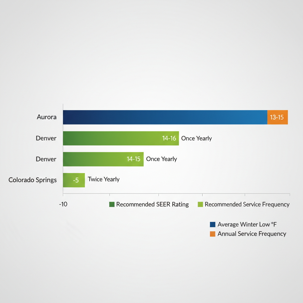 Horizontal bar chart comparing heat pump efficiency metrics across Aurora, Denver, and Colorado Springs regions.
