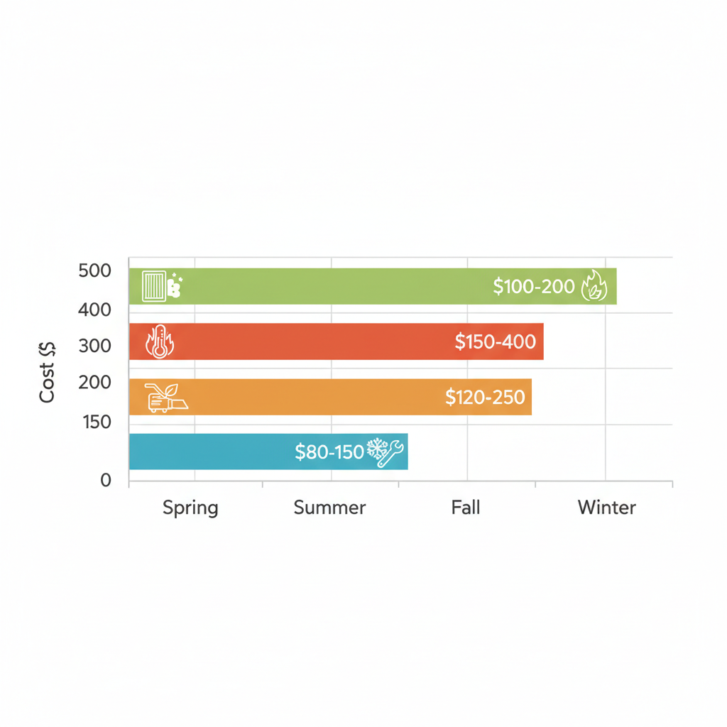 Horizontal bar chart illustrating seasonal AC service costs in Aurora, Colorado, with colored bars for each season and issue icons.