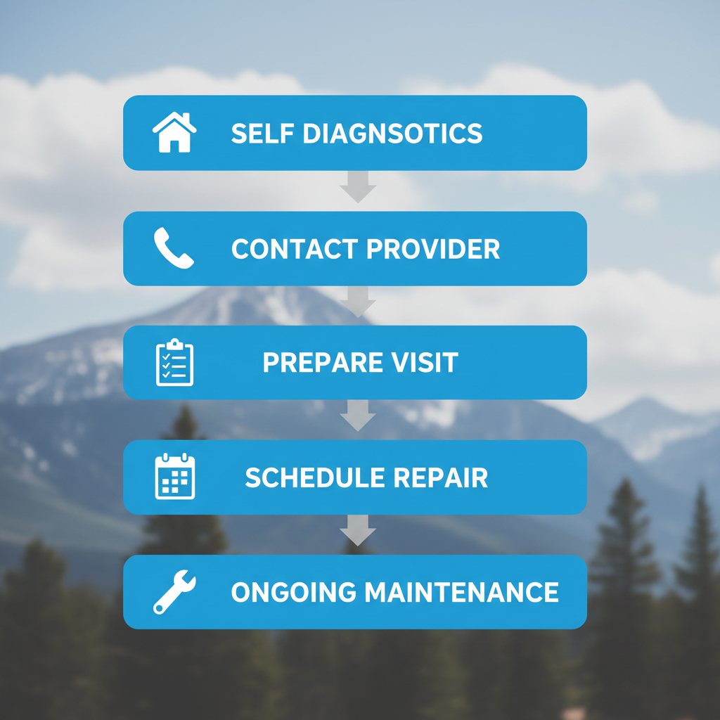Vertical process flow illustrating five steps to handle HVAC issues: self-diagnostics, contact provider, prepare for visit, schedule repair, and ongoing maintenance with icons.