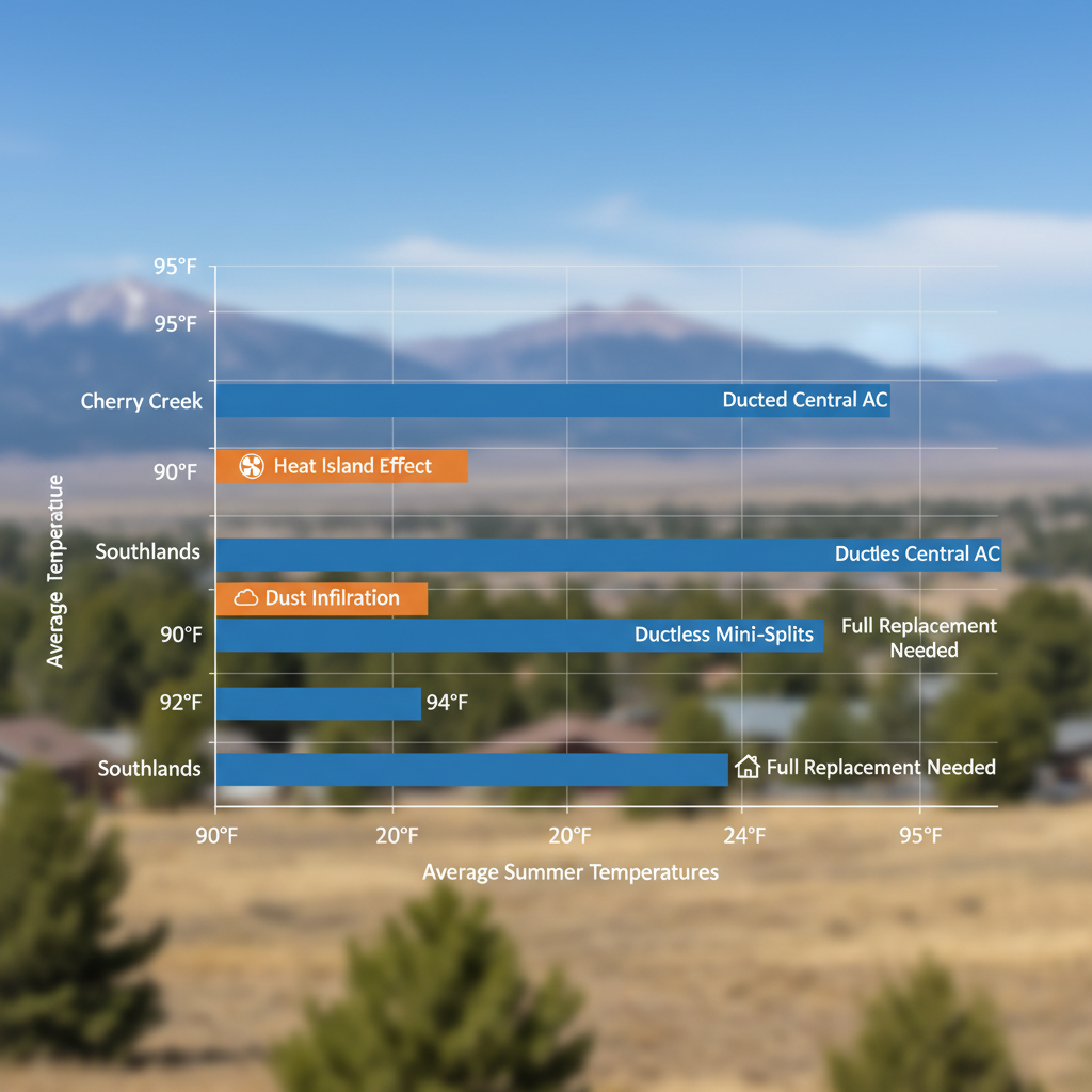 Horizontal bar chart comparing AC system demands across Aurora neighborhoods based on temperature and challenges