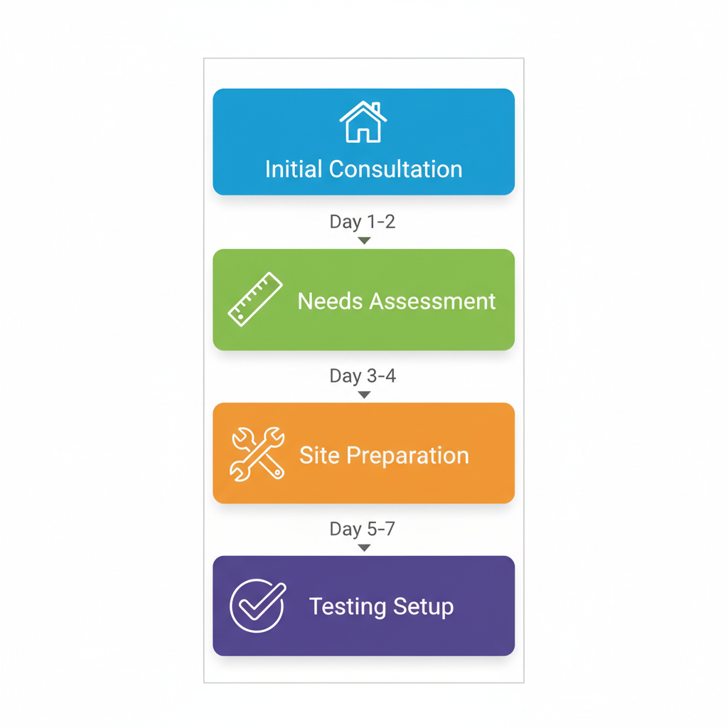 Vertical process flow diagram illustrating four steps for AC installation in Aurora: consultation, assessment, preparation, and testing.