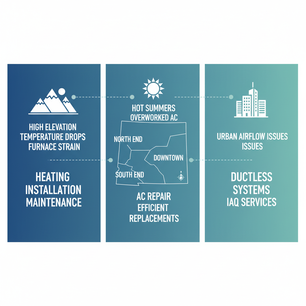 Infographic showing HVAC needs in different Colorado Springs areas with map and icons.