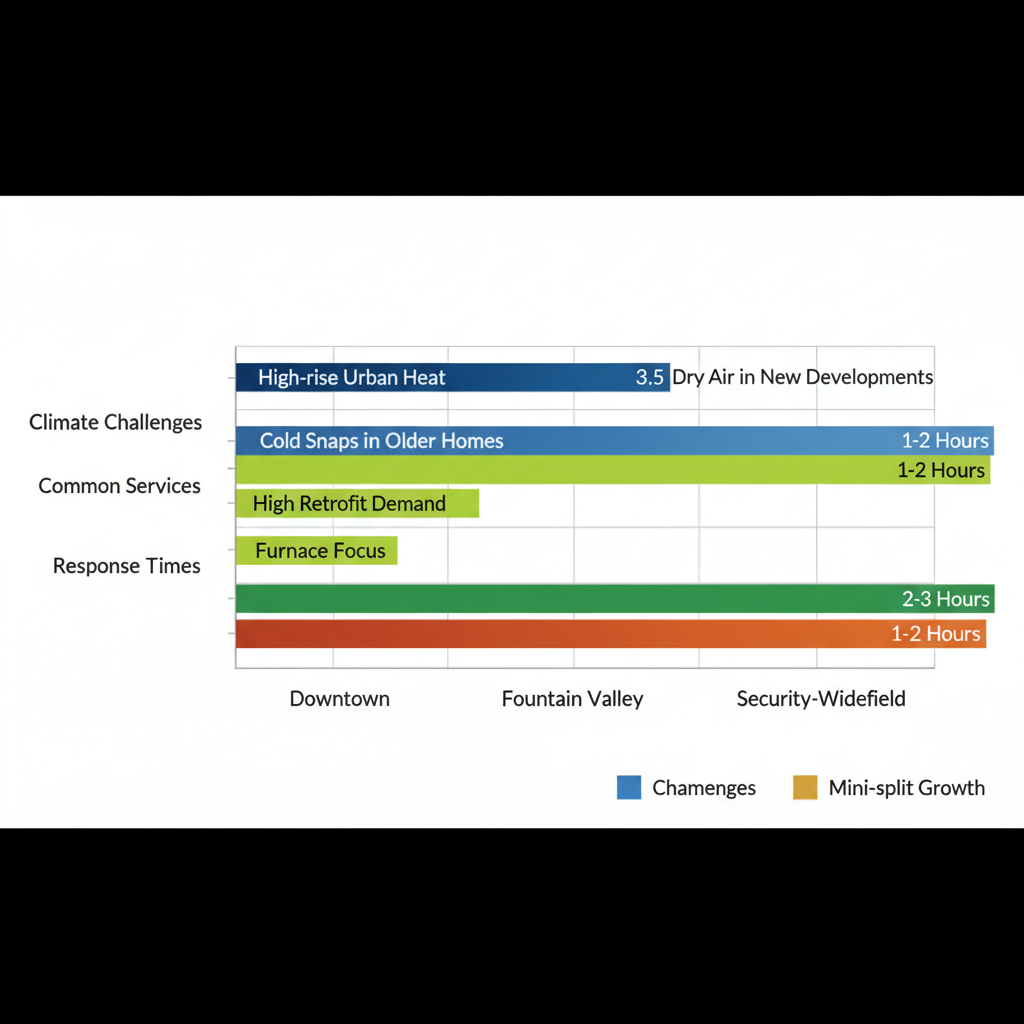 Horizontal bar chart comparing HVAC service areas in Colorado Springs neighborhoods including climate challenges, services, and response times.