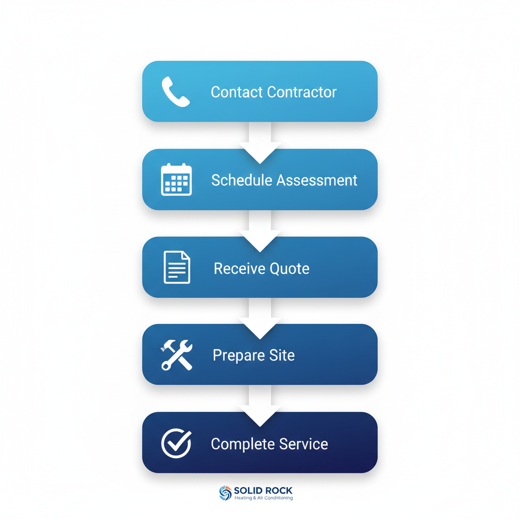 Vertical process flow diagram illustrating five steps to begin HVAC services: contact, schedule, quote, prepare, and complete.