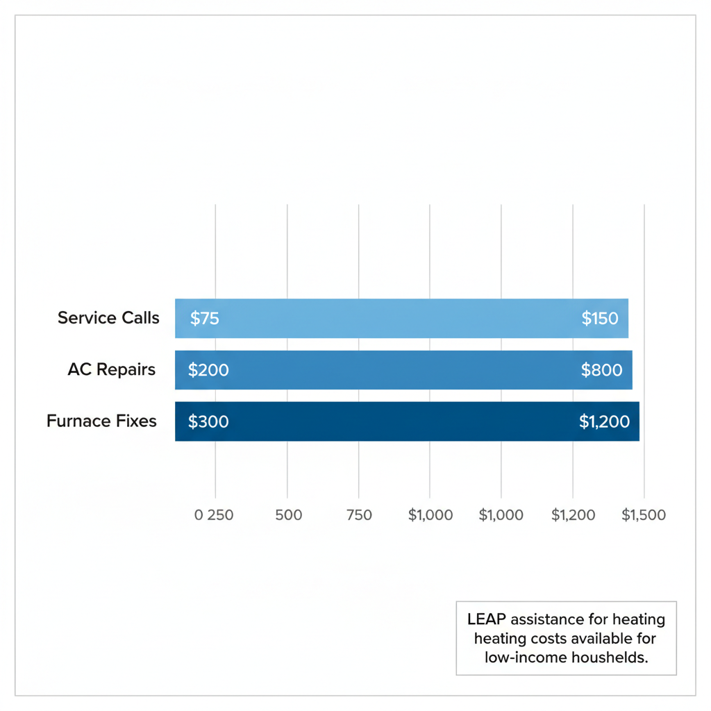 Horizontal bar chart of typical HVAC costs in Colorado Springs: service calls $75-$150, AC repairs $200-$800, furnace fixes $300-$1,200, with LEAP assistance note