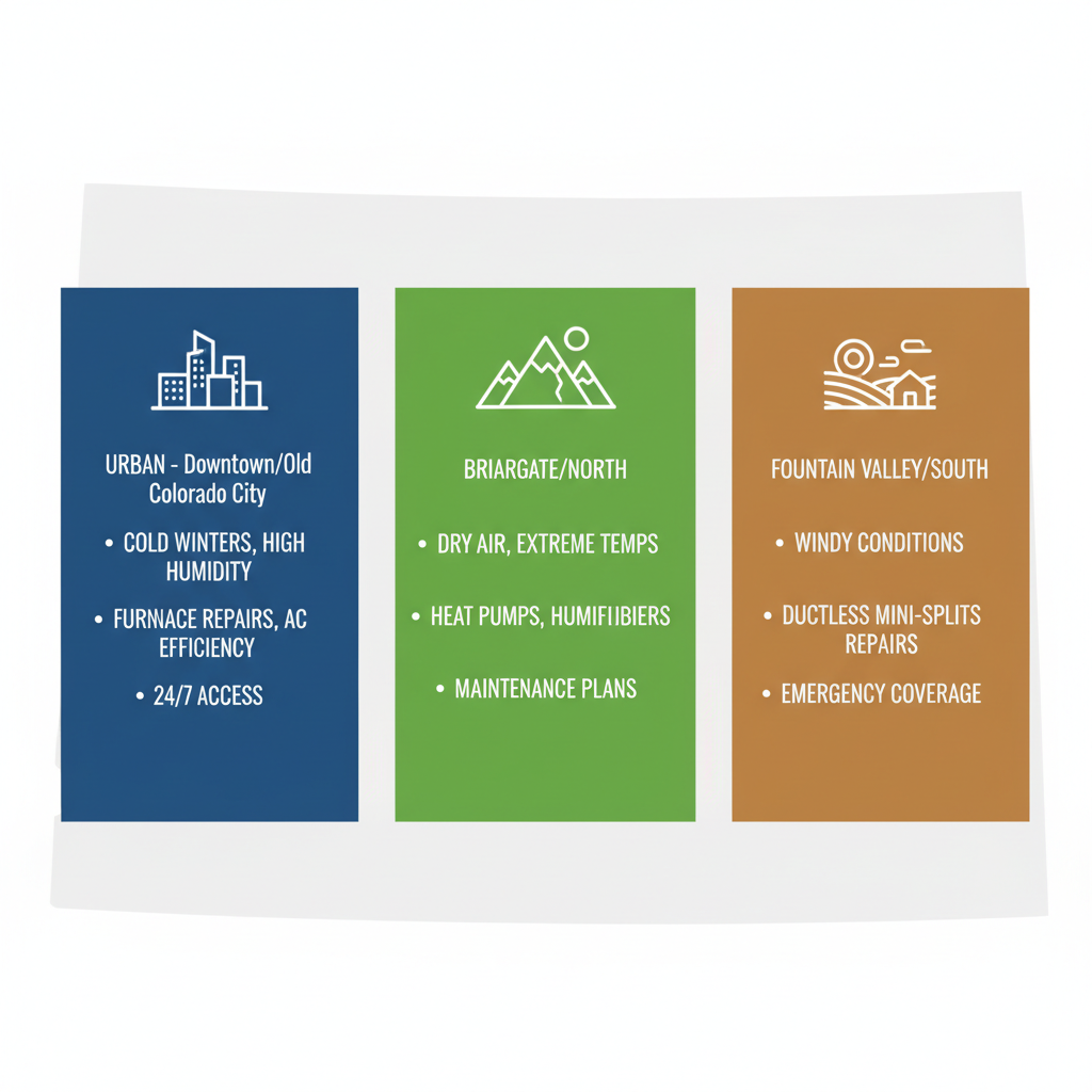 Infographic showing HVAC service needs in Downtown, Briargate, and Fountain Valley areas of Colorado Springs