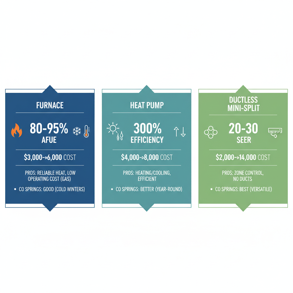 Infographic comparing Furnace, Heat Pump, and Ductless Mini-Split systems with efficiency ratings, costs, and suitability for Colorado Springs.