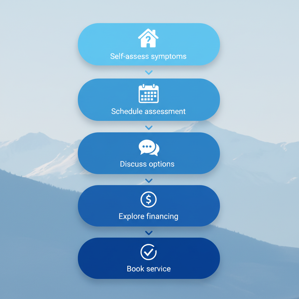 Vertical process flow diagram showing five steps to begin HVAC service journey in Colorado Springs with icons and brief labels