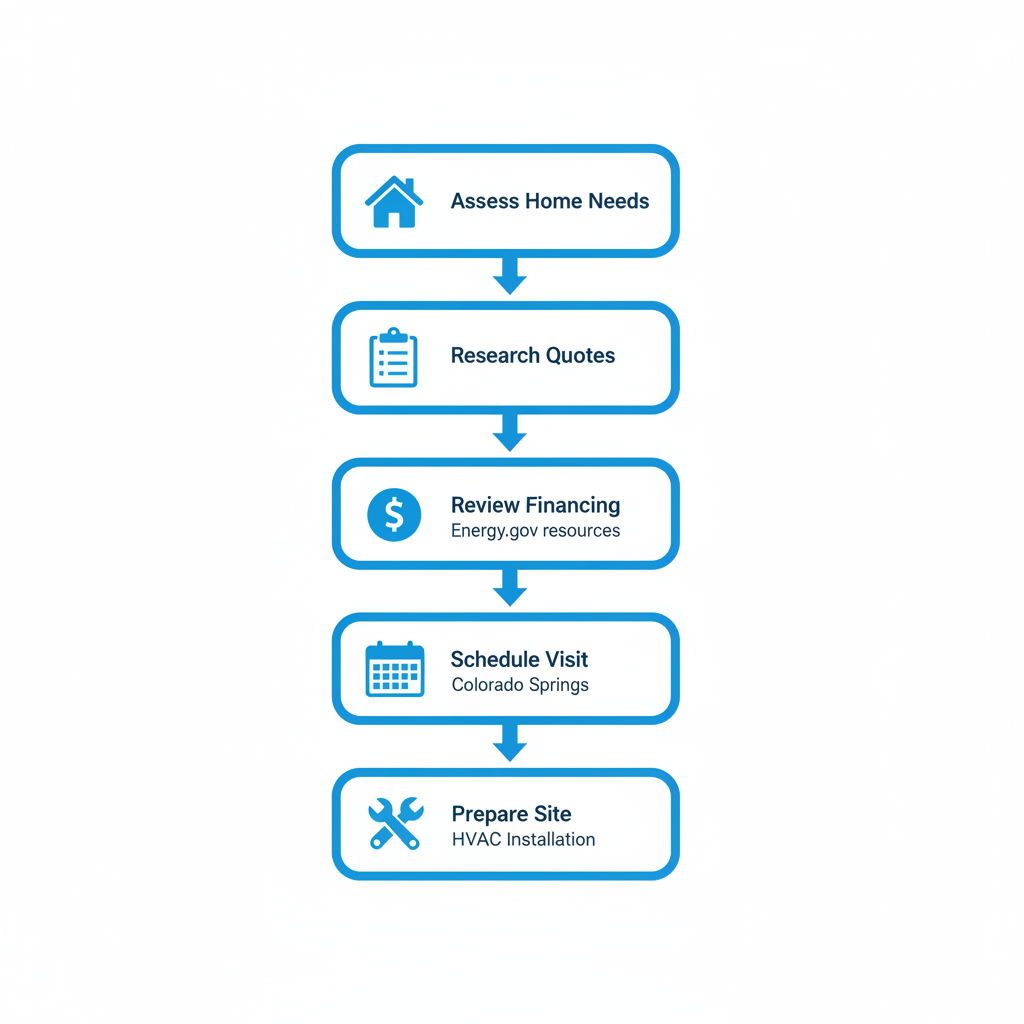Vertical process flow diagram showing five steps for beginning HVAC installation in Colorado Springs.