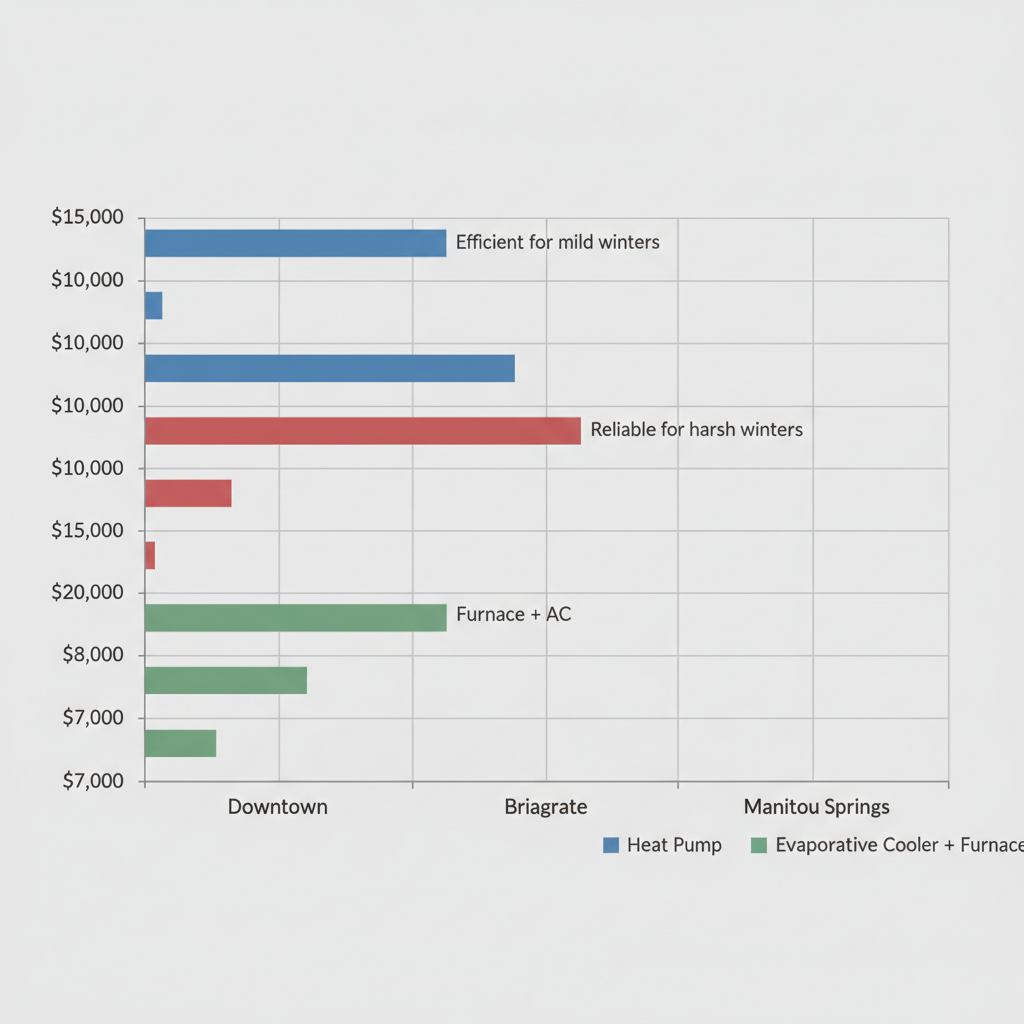Bar chart comparing HVAC system installation costs and benefits across Colorado Springs neighborhoods: Downtown, Briargate, and Manitou Springs.