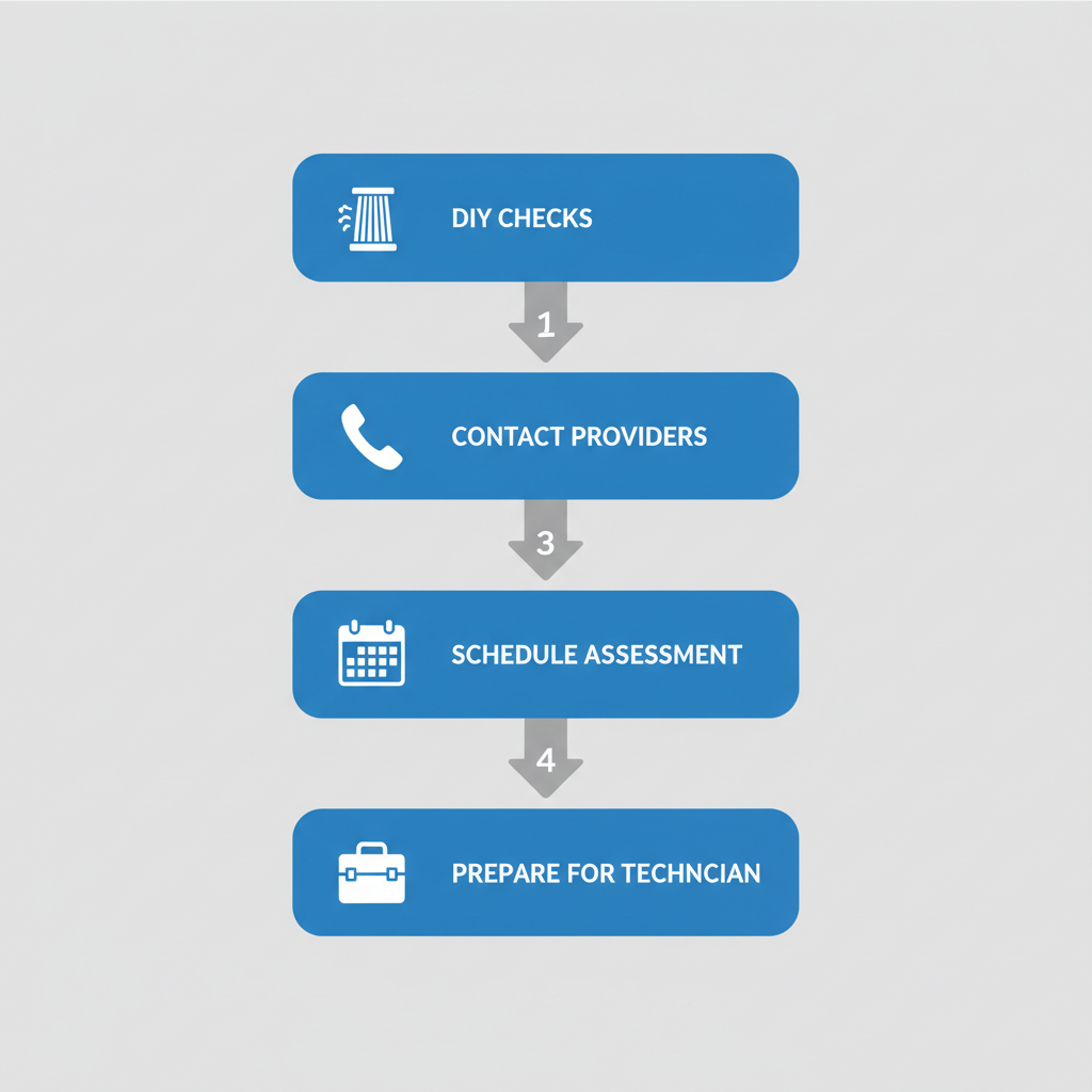 Vertical process flow diagram illustrating four steps for arranging HVAC repair: DIY checks, contacting providers, scheduling assessment, and preparing for technician with relevant icons.