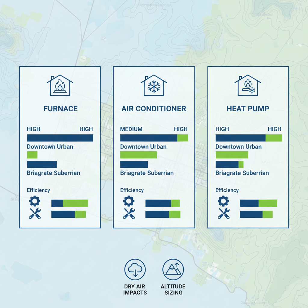 Infographic comparing suitability ratings for furnaces, air conditioners, and heat pumps in urban downtown and suburban Briargate areas of Colorado Springs, featuring efficiency icons and key altitude considerations.
