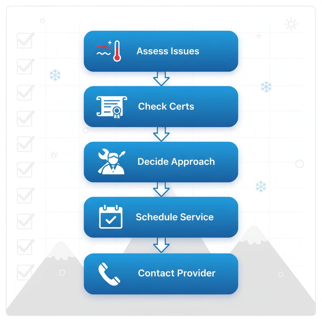 Vertical process flow diagram illustrating five steps for effective HVAC care including assessment, certification check, decision making, scheduling, and contact.