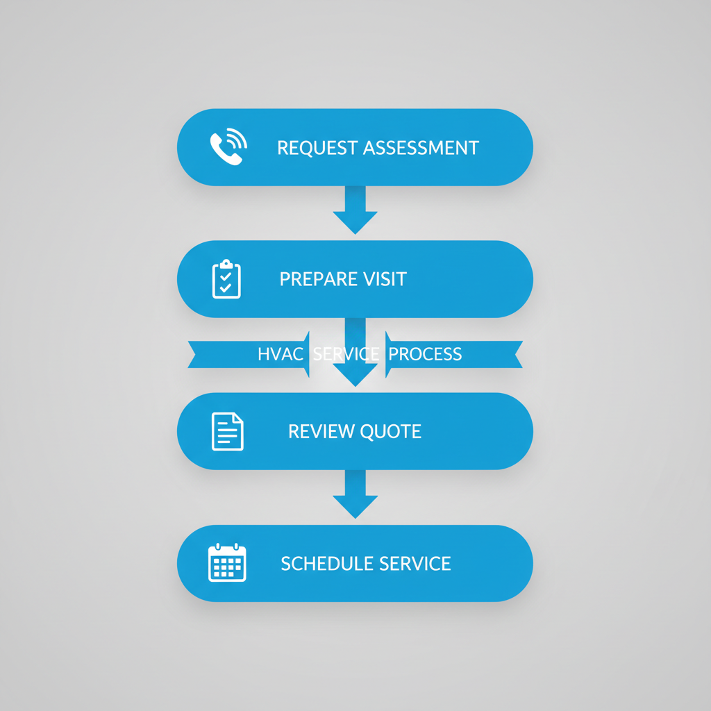 Vertical process flow diagram outlining four steps to secure HVAC services: request assessment, prepare for visit, review quote, and schedule service with icons.