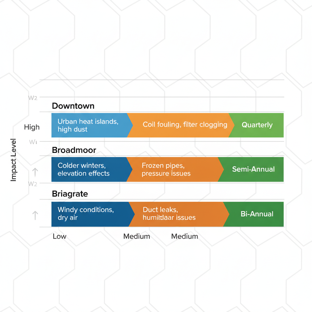 Horizontal bar chart comparing HVAC maintenance needs in Downtown, Broadmoor, and Briargate neighborhoods of Colorado Springs, segmented by challenges, issues, and frequency.