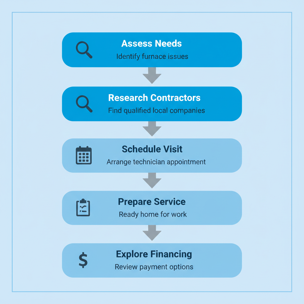 Vertical process flow diagram showing five steps to start furnace services with icons and brief descriptions.