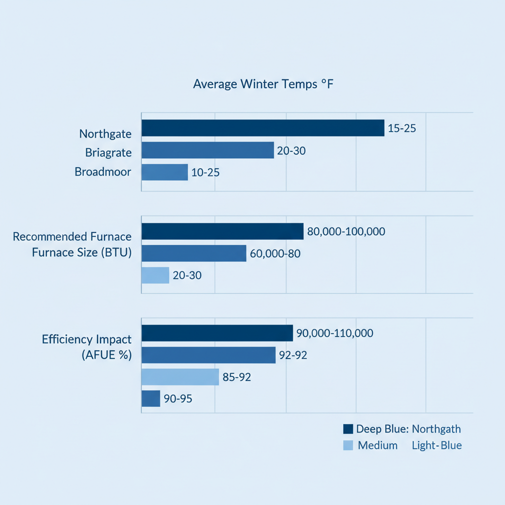 Bar chart comparing average winter temperatures, recommended furnace sizes, and efficiency ratings across Northgate, Briargate, and Broadmoor neighborhoods in Colorado Springs.