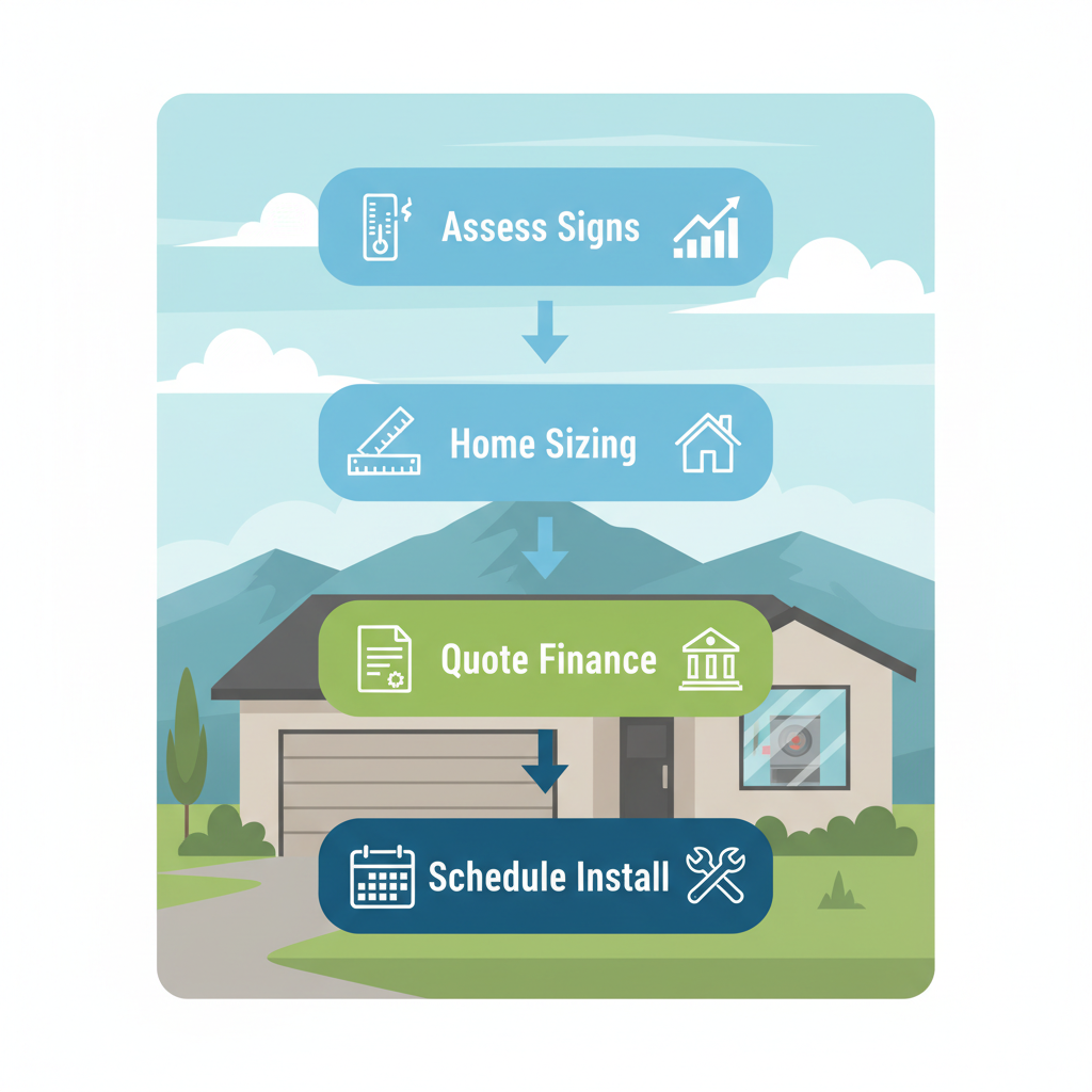Vertical process flow diagram showing four steps for beginning furnace installation: assess signs, home sizing, quote and finance, schedule install.