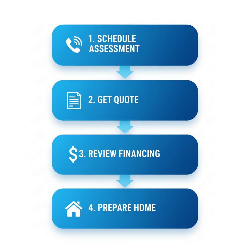 Vertical process flow diagram illustrating four steps to begin furnace services: schedule assessment, get detailed quote, review financing, and prepare home.