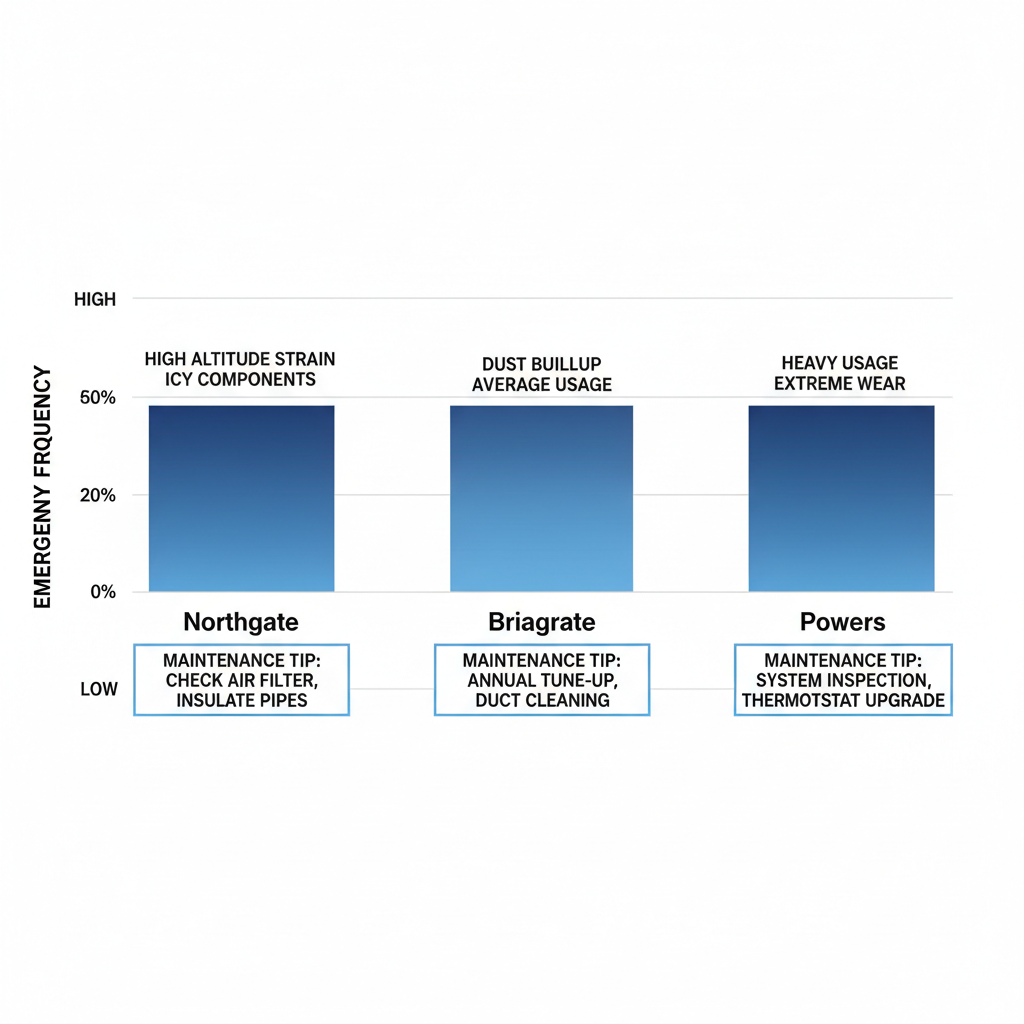 Bar chart comparing furnace emergency service frequencies in Northgate, Briargate, and Powers areas of Colorado Springs with maintenance tips