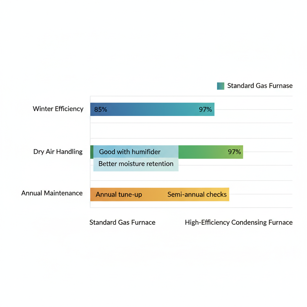 Horizontal bar chart comparing standard and high-efficiency furnace performance metrics for Colorado Springs climate including winter efficiency, dry air handling, and maintenance needs