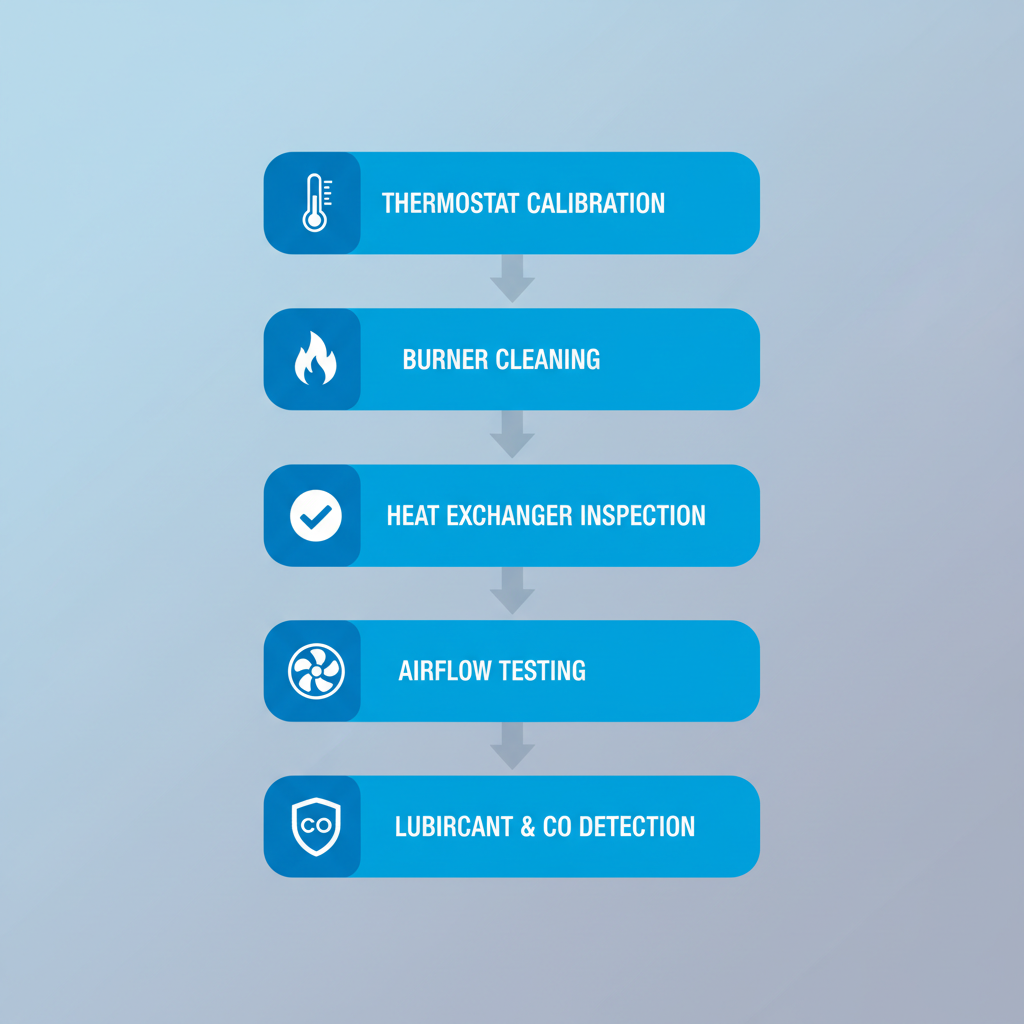 Vertical process flow diagram illustrating the five key steps in a professional furnace tune-up service, focusing on safety and air quality.
