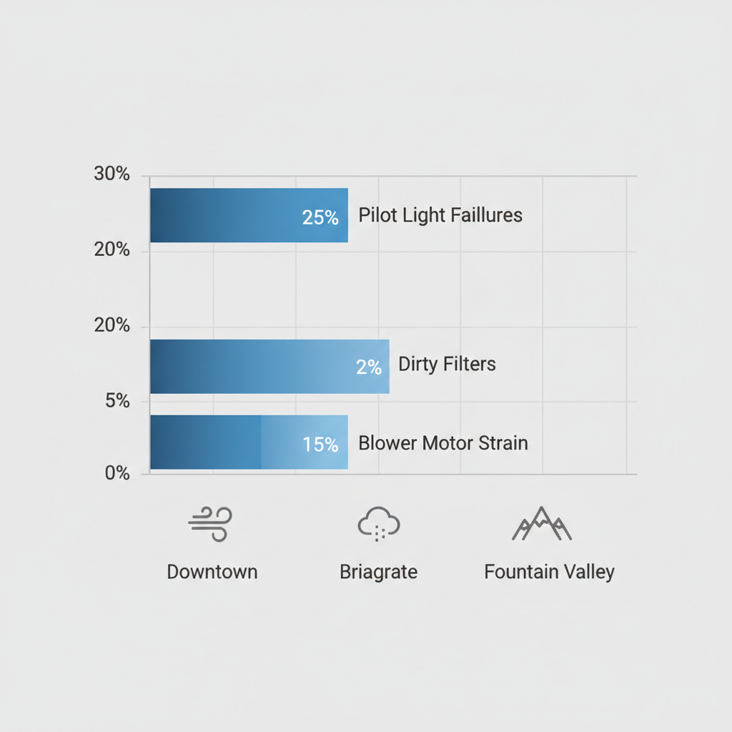 Horizontal bar chart comparing common furnace issues and frequencies in Colorado Springs neighborhoods: Downtown, Briargate, and Fountain Valley.