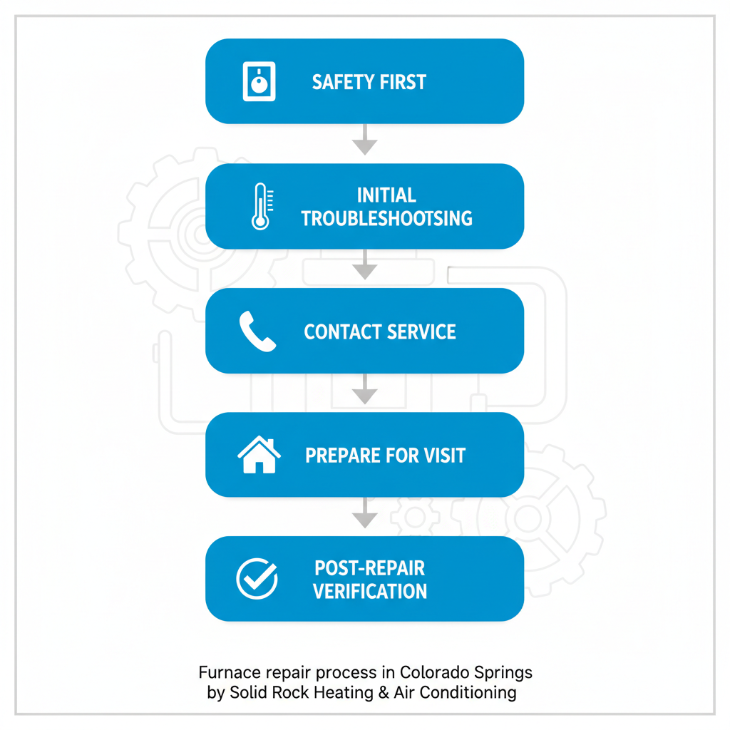 Vertical process flow diagram illustrating the five steps to get a furnace repaired, from safety measures to post-repair verification.