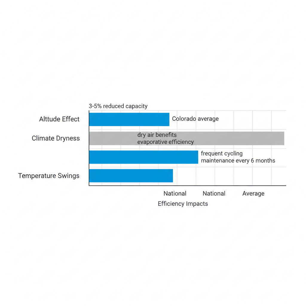 Horizontal bar chart comparing AC efficiency factors like altitude effect, climate dryness, and temperature swings in Colorado Springs versus national averages with key metric labels.