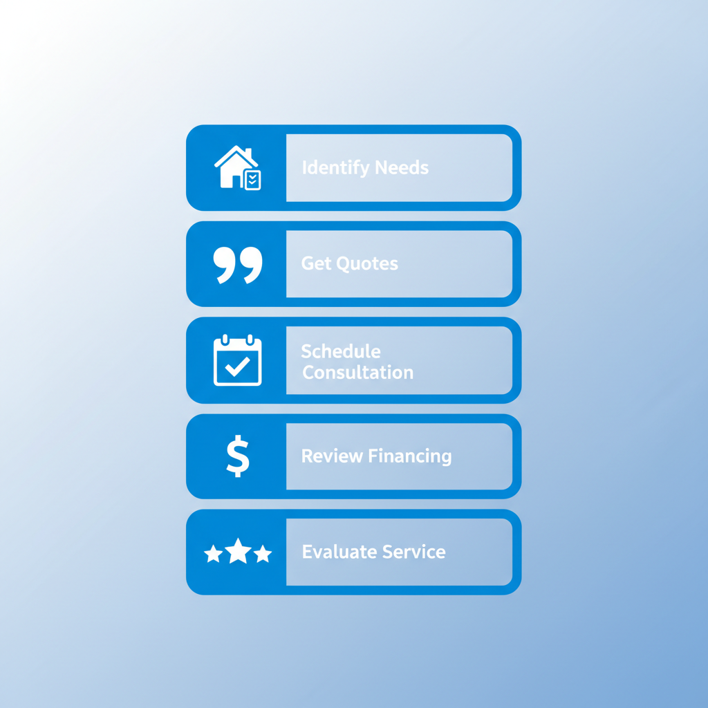 Vertical process flow diagram illustrating five steps to engage an AC contractor: identify needs, get quotes, schedule consultation, review financing, and evaluate service.