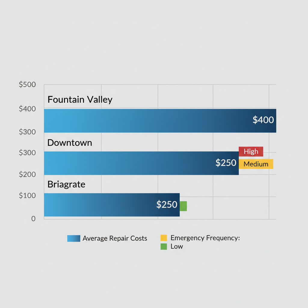 Bar chart comparing average repair costs and emergency frequencies for common furnace issues in Colorado Springs neighborhoods: Downtown, Briargate, and Fountain Valley.